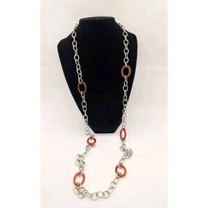 Vintage Milor Stainless Steel Silver  Tone Link W Amber Lucite Necklace